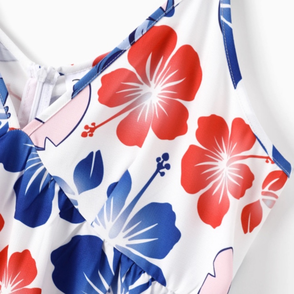 Disney Stitch with Floral Print Spaghetti Straps Women Blue and Red Dresses - Picture 9 of 11